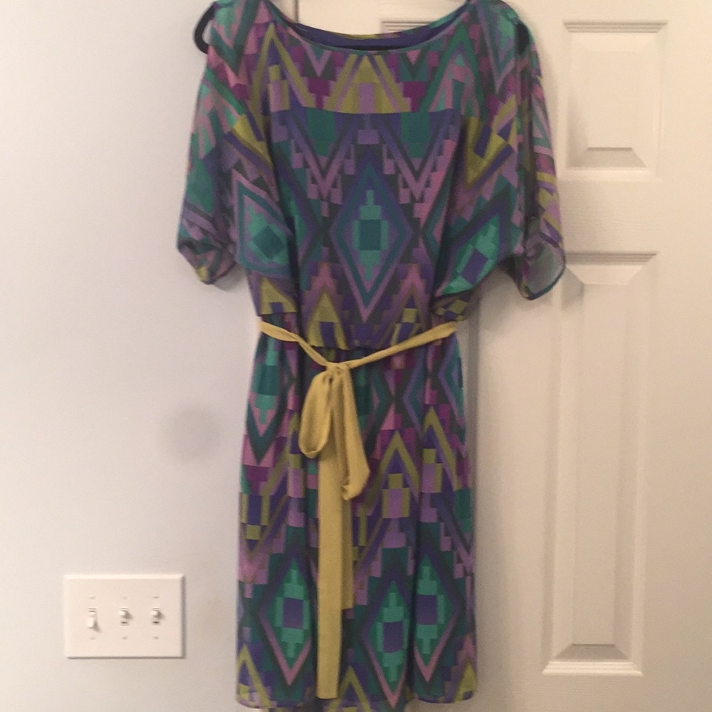 Adrianna Papell Geometric Print Midi Dress - Green, Purple, Yellow